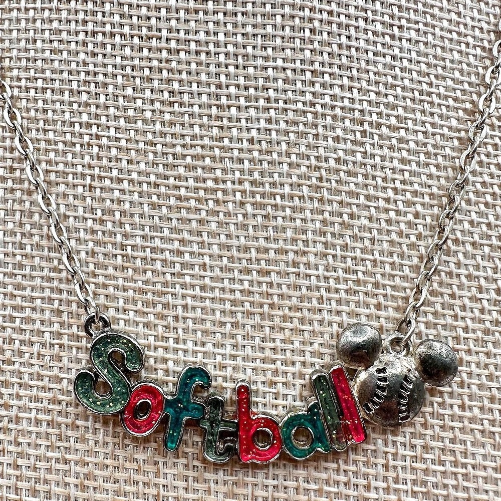 Vintage 80s Softball Word Pendant Necklace Silver Tone Cable Chain Retro Jewelry